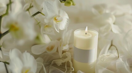 Fototapeta na wymiar Homemade pillar candle with a blank label near white orchid flowers and tulle close up mockup Brand packaging mock up Home decoration romantic interior : Generative AI