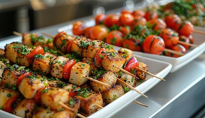 A plate of food with skewers of meat and vegetables