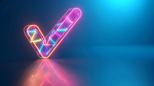 Colorful multi-layered outline of a check mark with glowing light effect on blue background - Powered by Adobe