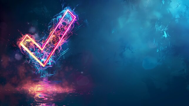 Colorful multi-layered outline of a check mark with glowing light effect on blue background