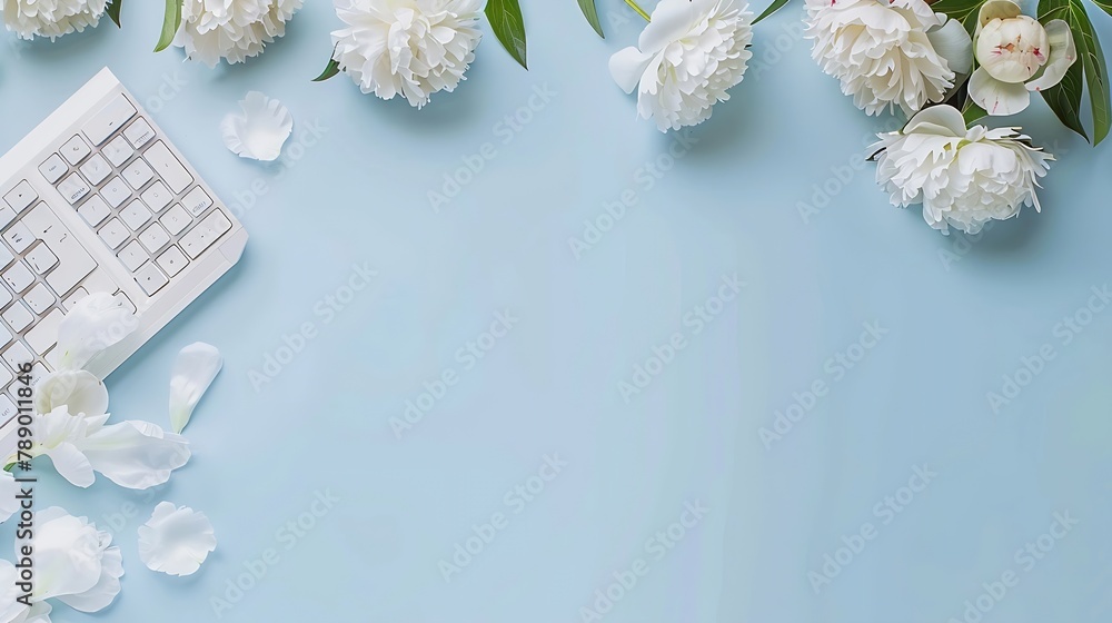 Aufkleber Flat lay home office workspace background with white modern keyboard notebook and peony flowers copy space on blue background banner : Generative AI