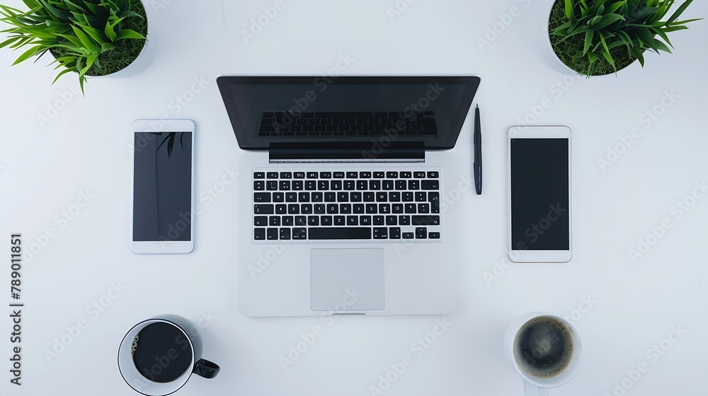 Aufkleber modern workspace with coffee cup smartphone paper notebook tablet and laptop copy space on white col
