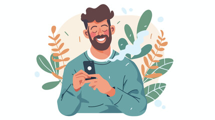 Smiling guy surfing internet use smartphone during
