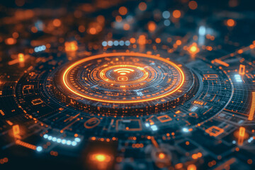 circular design with various icons surrounding it, including a gear, a wifi symbol, and a clock. The background is a dark digital code.