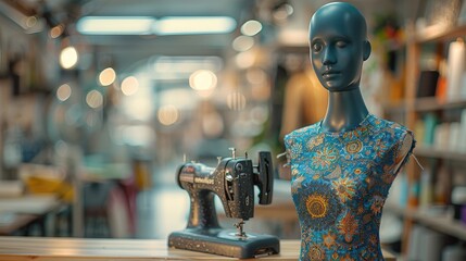 Mannequin with blue dress in the foreground, interior fashion design studio, sewing machine on table