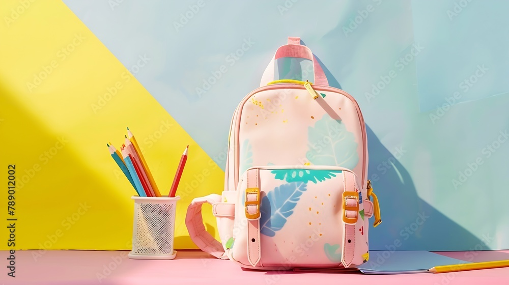 Poster stylish school backpack and pencil case with different stationery supplies on colorful background : 