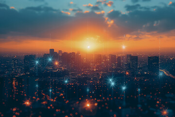 Cityscape at sunset with a digital network overlay. The sky is orange and blue, and the city is filled with lights. The sun is in the center, and the network appears as stars.