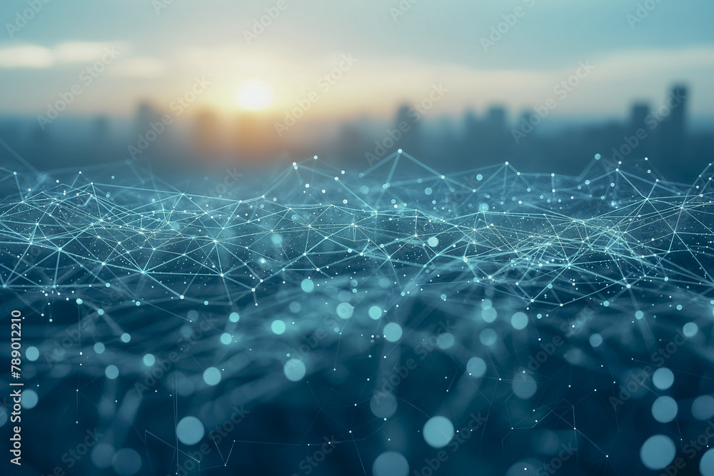 Poster a cityscape is shown at sunset with a network of dots and lines representing a digital network over 