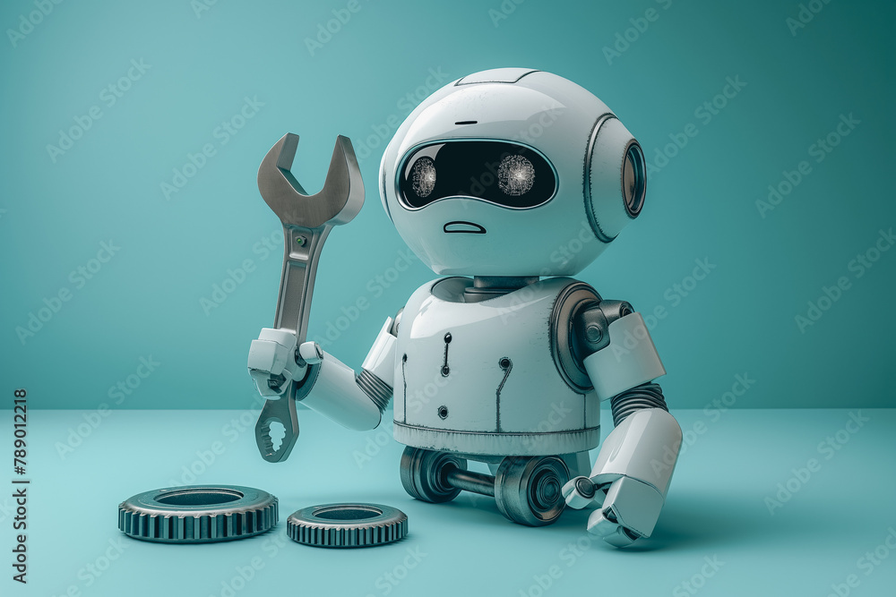 Poster a white robot with a wrench and some gears on the floor.