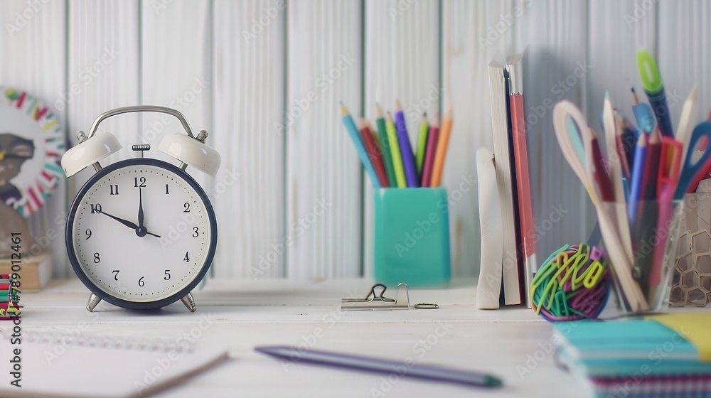 Poster different stationery with alarm clock and stylish school uniform on white wooden background : genera