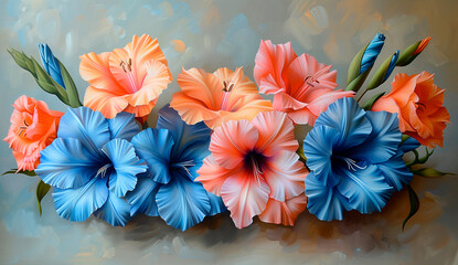 3 blue gladiolus flowers, one pink flower and two orange blossoms, painted in a detailed and beautiful style with soft colors