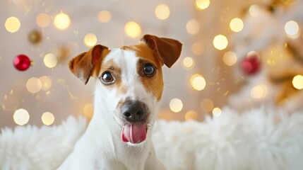 Merry Christmas and Happy New Year Closeup portrait of The Jack Russell Terrier dog the dog licks its lips sitting on a white luxurious sofa against the background of golden bokeh : Generative AI