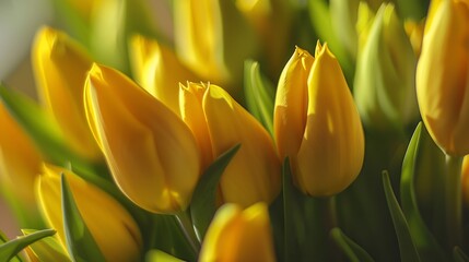 Naklejka premium Bright fresh yellow tulips close up Closeup of tulip buds Bouquet of tulips : Generative AI