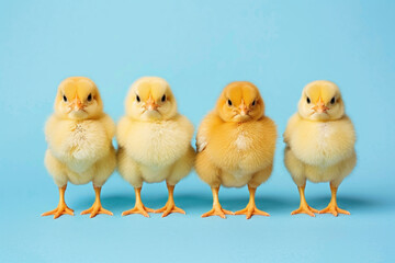 Fototapeta premium photo of cute yellow baby chicks. isolated on blue background