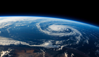 View from space of Earth with blue oceans and storm formation.