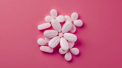 Fototapeta na wymiar Flat lay image of pills in the shape of a flower on magenta pink background : Generative AI