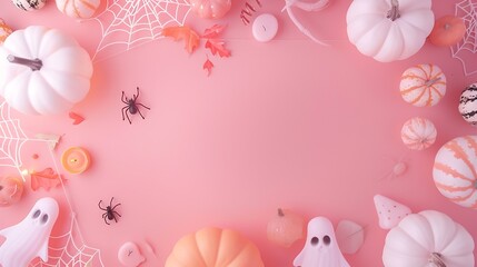 Happy Halloween holiday concept Halloween flat lay composition with cute decorations pumpkins spiders ghosts web on pastel pink background Top view with copy space : Generative AI