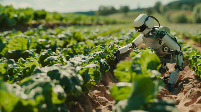 A robot farmer uses AI technology to optimize crop yields, ensuring financial stability through food production