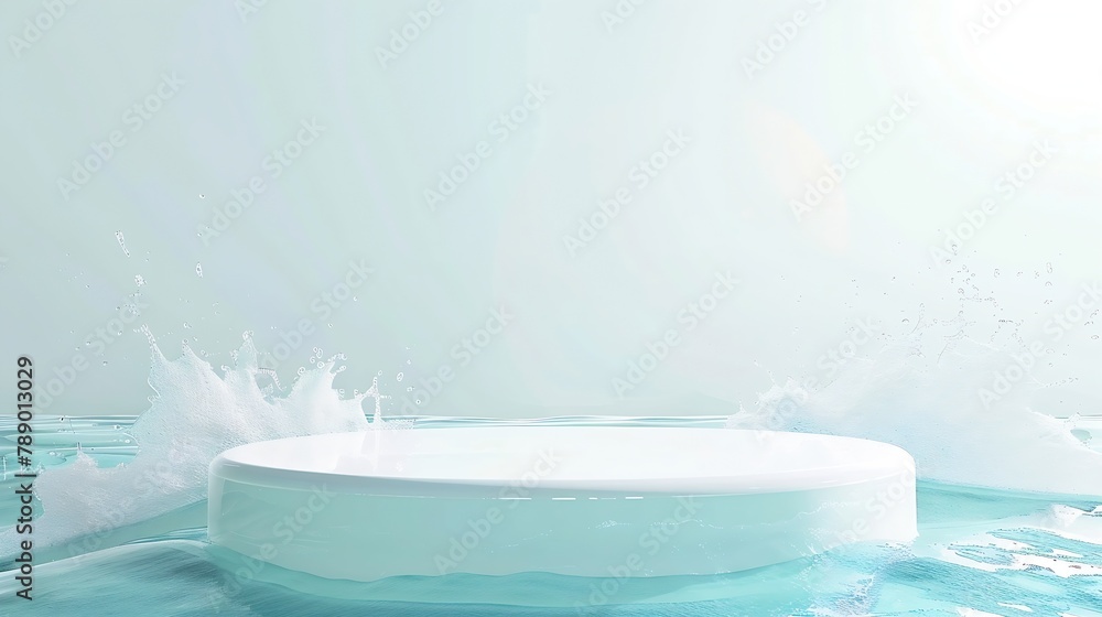 Poster empty white circle podium on transparent clear calm blue water texture with splashes and waves in su