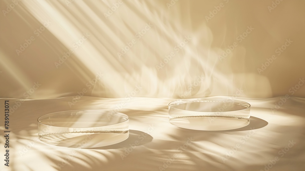 Poster Two empty clear glass circle podiums on beige transparent calm water texture with waves in sunlight Abstract nature background for product presentation Flat lay cosmetic mockup copy sp : Generative AI