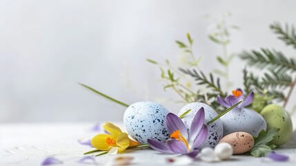 Composition with Easter eggs plant leaves and crocus flowers on light background : Generative AI