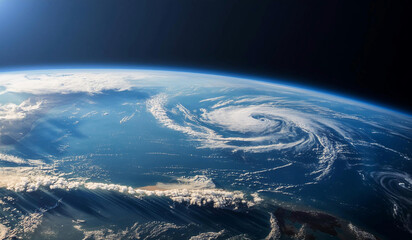 Fototapeta premium View from space of Earth with blue oceans and storm formation.
