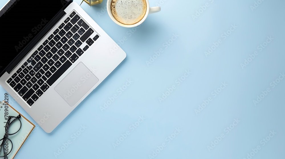 Aufkleber Minimal work space  Creative flat lay photo of workspace desk Top view office desk with laptop notebooks and coffee cup on blue color background Top view with copy space flat lay photo : Generative AI