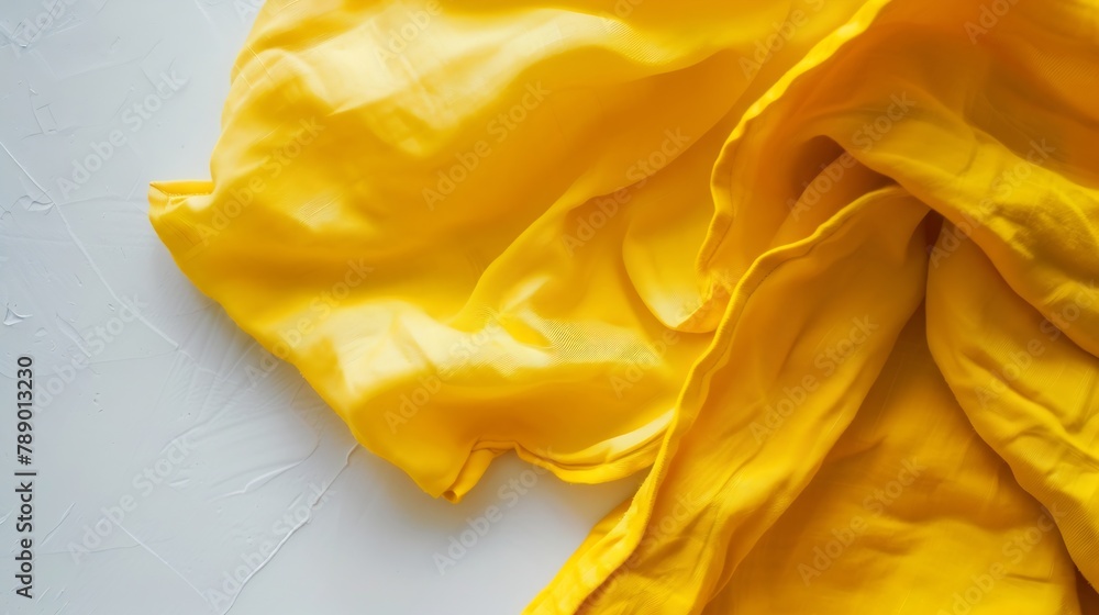 Aufkleber top view with yellow empty kitchen napkin isolated on table background Folded cloth for mockup with copy space Flat lay Minimal style : Generative AI
