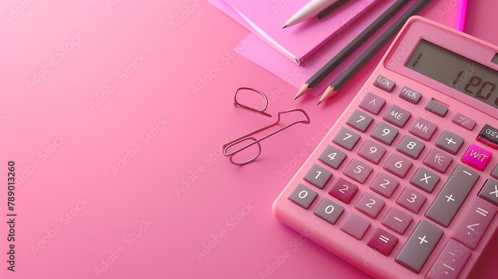 Aufkleber modern calculator with different stationery on pink background : generative ai