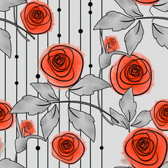 Simple seamless cartoon hand drawn ink roses pattern background