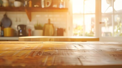 Close up background image of warmtoned kitchen interior with minimal design and wooden table in foreground copy space : Generative AI - Powered by Adobe