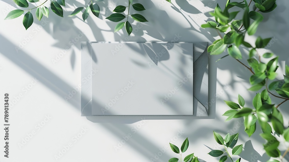 Aufkleber Mock up card with plants Invitation card with grey envelope on white background : Generative AI