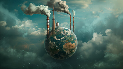 Smoke stacks spewing pollution around an Earth globe, highlighting the threat of industrial emissions - obrazy, fototapety, plakaty