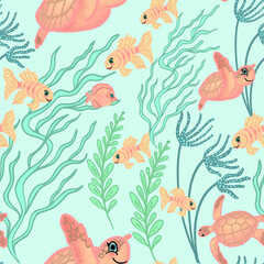 Cute Hand-drawn Seamless Pattern with Pink Turtles and Fishes