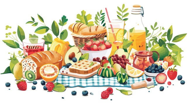 Still life with picnic food such as snacks bread buns