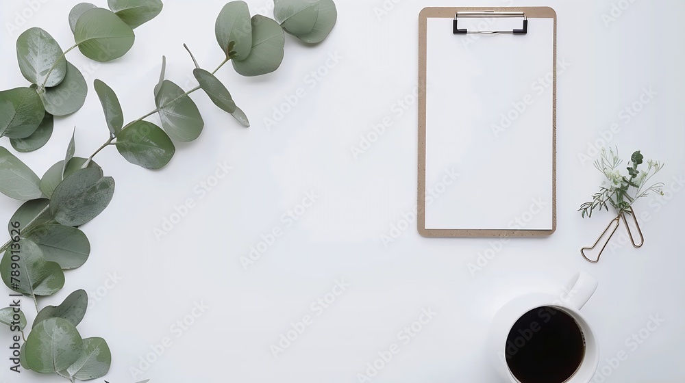 Poster flay lay top view office table desk feminine desk workspace frame with green leaves eucalyptus clipb