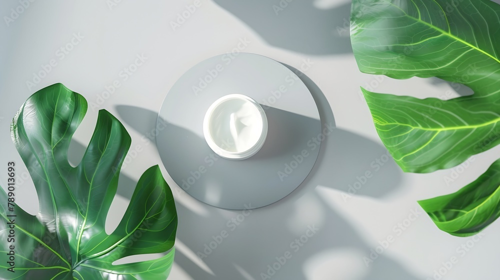 Poster facial cream on gray background with leaf flat lay top view mockup template : generative ai