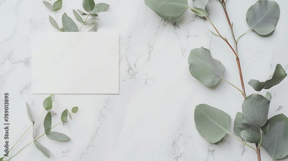 Aufkleber Feminine wedding desktop mockup with blank paper card and Eucalyptus populus branch on  white shabby table background Empty space Styled stock photo web banner Flat lay top view : Generative AI