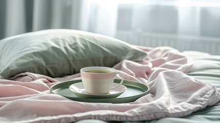 Fototapeta na wymiar Stylish composition of bedroom interior with lastrico tray with coffee and elegant personal accessories Beautiful pink and green bed sheets blanket and pillow Template Design home stag : Generative AI