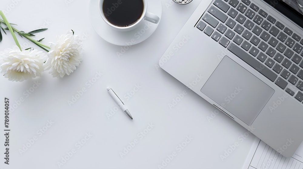 Poster white desk with laptop blank notepad flower coffee cup and pen flat lay top view copy space : genera