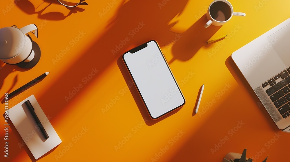 Aufkleber Flat lay top view of orange office table desk with smartphone blank screen mockup with clipping path Modern working space : Generative AI
