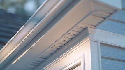Fototapeta premium Close up of white frame gutter guard system eaves through fascia drip edge colonial white soffit with ventilation brick facade siding on a luxury American single family home neighborho : Generative AI