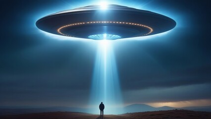 The silhouette of a man stands in landscape, in the beam of a huge ufo
