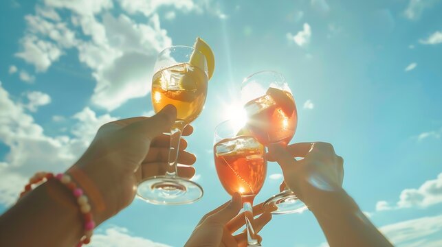 Friends rising cocktail glasses for a celebratory toast against the sky in the summer : Generative AI