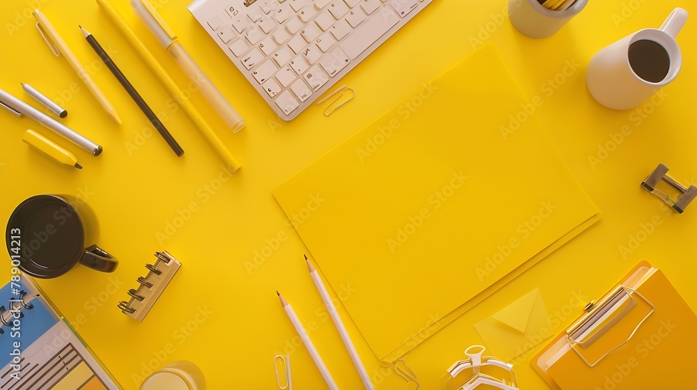 Aufkleber flat lay top view office table desk workspace with blank clip board keyboard office supplies pencils