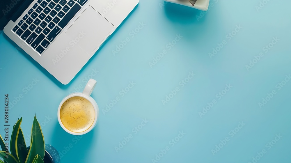 Poster minimal work space creative flat lay photo of workspace desk top view office desk with laptop notebo