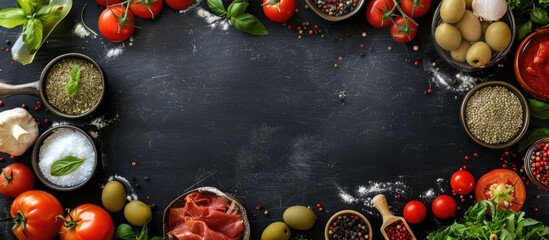 Raw pizza ingredients displayed on the chalkboard with space for adding an image or writing in the middle. - obrazy, fototapety, plakaty