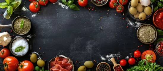  Raw pizza ingredients displayed on the chalkboard with space for adding an image or writing in the middle. © Vusal