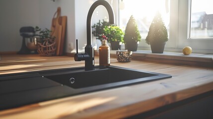 Wooden kitchen countertop with black sink and tap and decorations : Generative AI