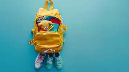 Nurturing bright minds Overhead shot of a yellow childs rucksack with cartoon bear print packed...